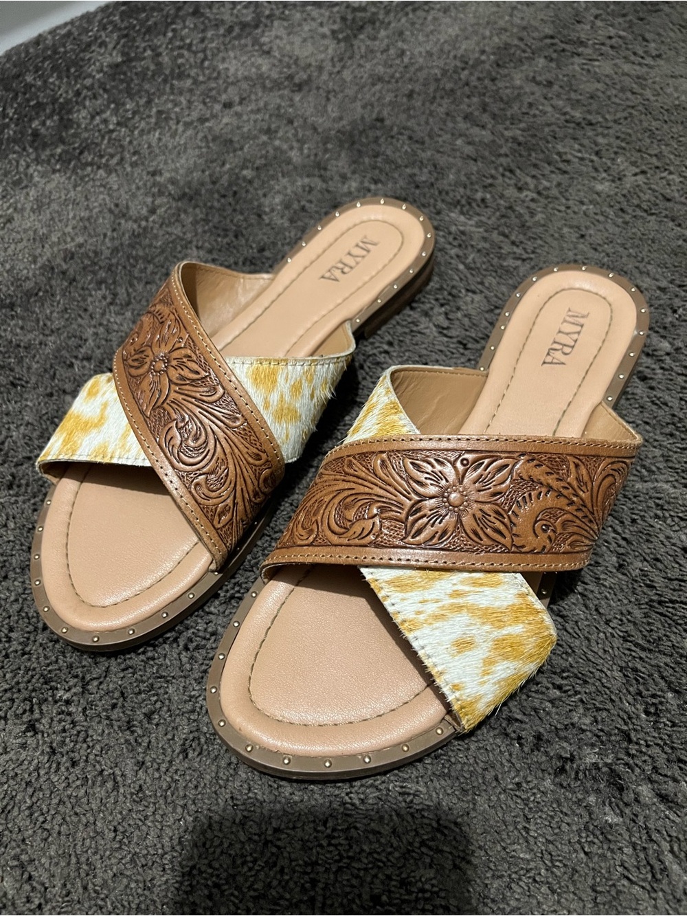 Myra Bag Tan Leather Embossed Slide Sandals with Yellow White Haircalf Straps